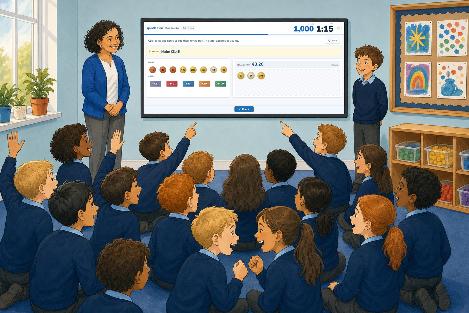 A class playing the Maths Week Challenge together on their classroom board